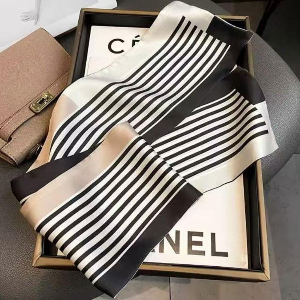 #14 FLASH Luxury Stripe Border Panel Pattern Silky Bandana Square Neck Scarf